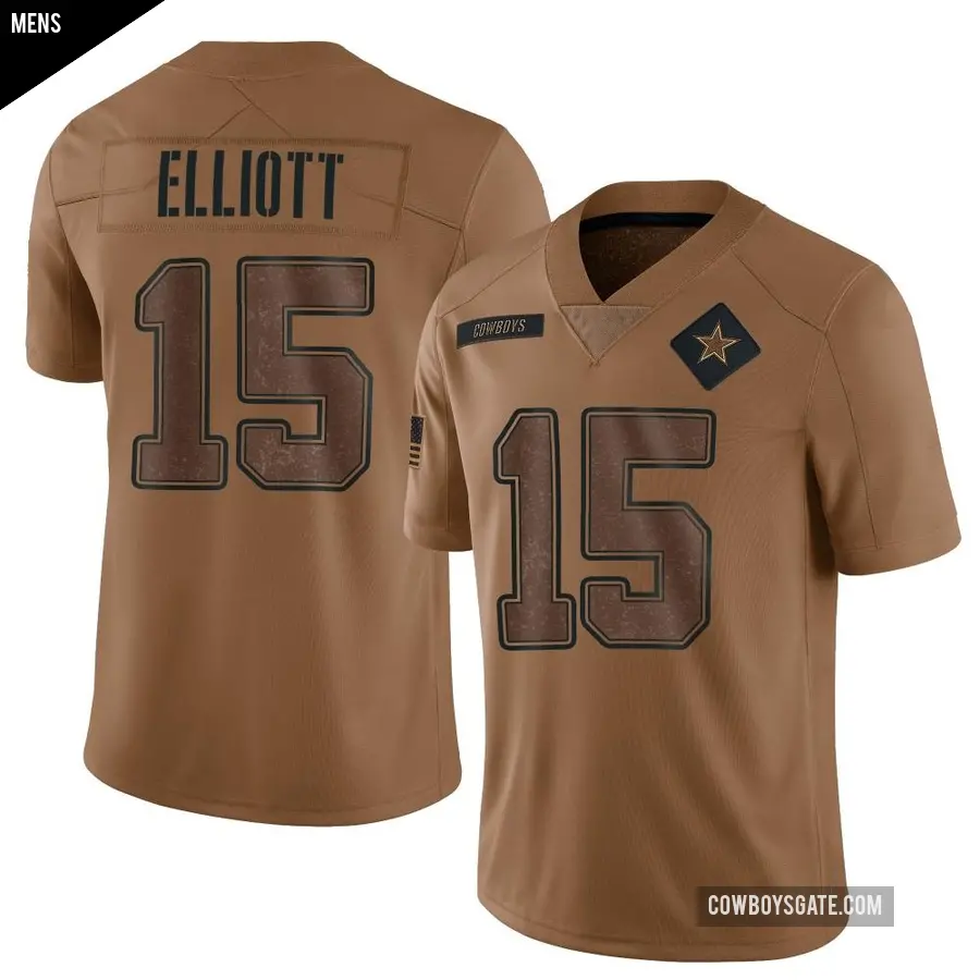 Men's Dallas Cowboys ＃15 Ezekiel Elliott Brown Limited 2023 Salute To Service Jersey