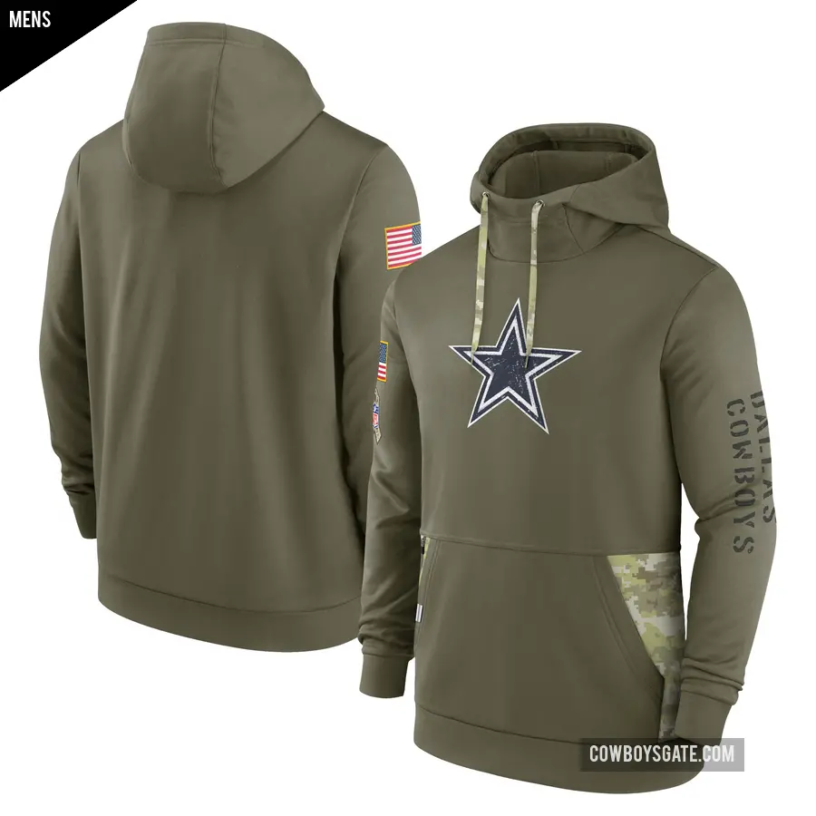Men's Dallas Cowboys Olive 2022 Salute to Service Therma Performance Pullover Hoodie