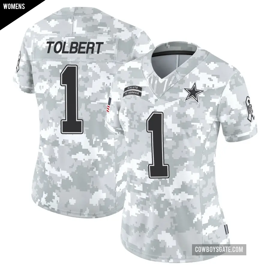 Women's Dallas Cowboys ＃1 Jalen Tolbert Arctic Camo Limited 2024 Salute to Service Jersey