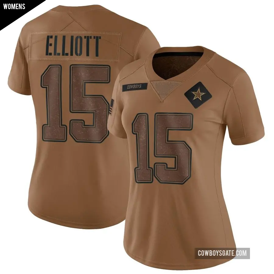 Women's Dallas Cowboys ＃15 Ezekiel Elliott Brown Limited 2023 Salute To Service Jersey