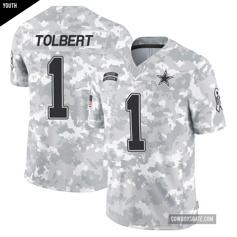 Youth Dallas Cowboys ＃1 Jalen Tolbert Arctic Camo Limited 2024 Salute to Service Jersey