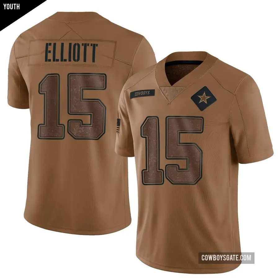 Youth Dallas Cowboys ＃15 Ezekiel Elliott Brown Limited 2023 Salute To Service Jersey
