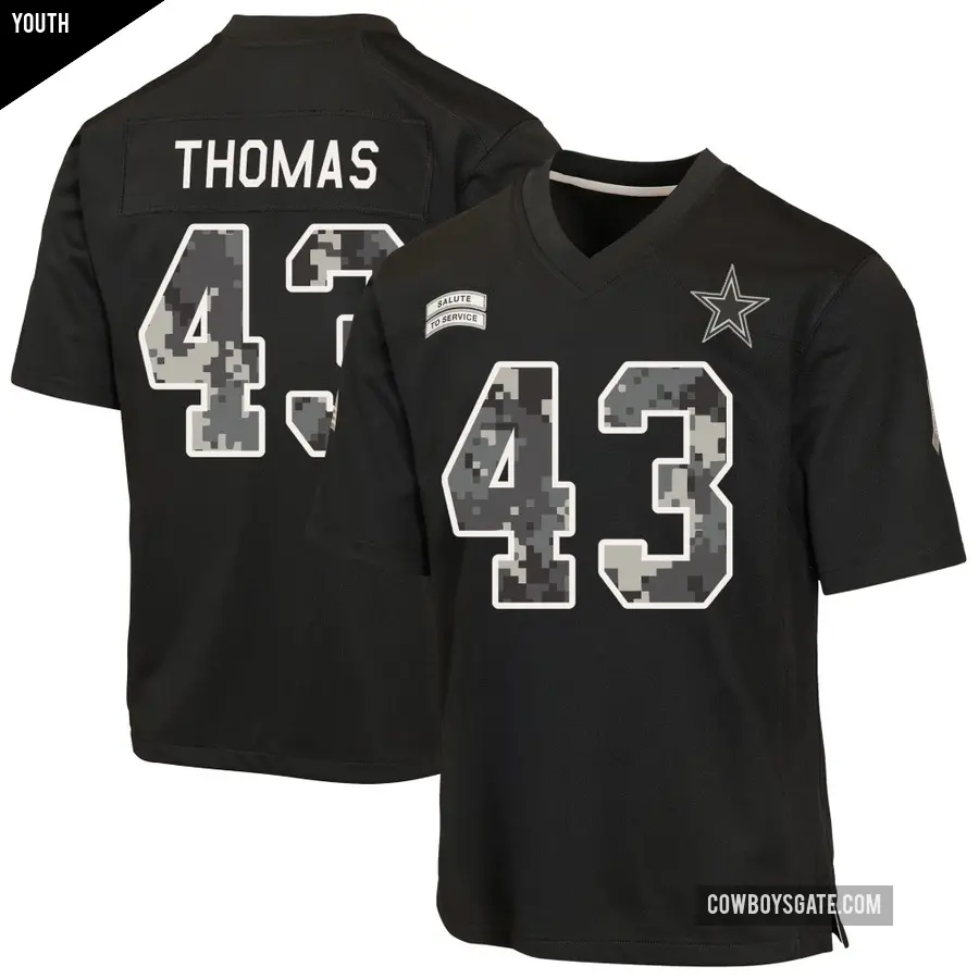 Youth Dallas Cowboys ＃43 Juanyeh Thomas Black Game 2026 Salute to Service Jersey