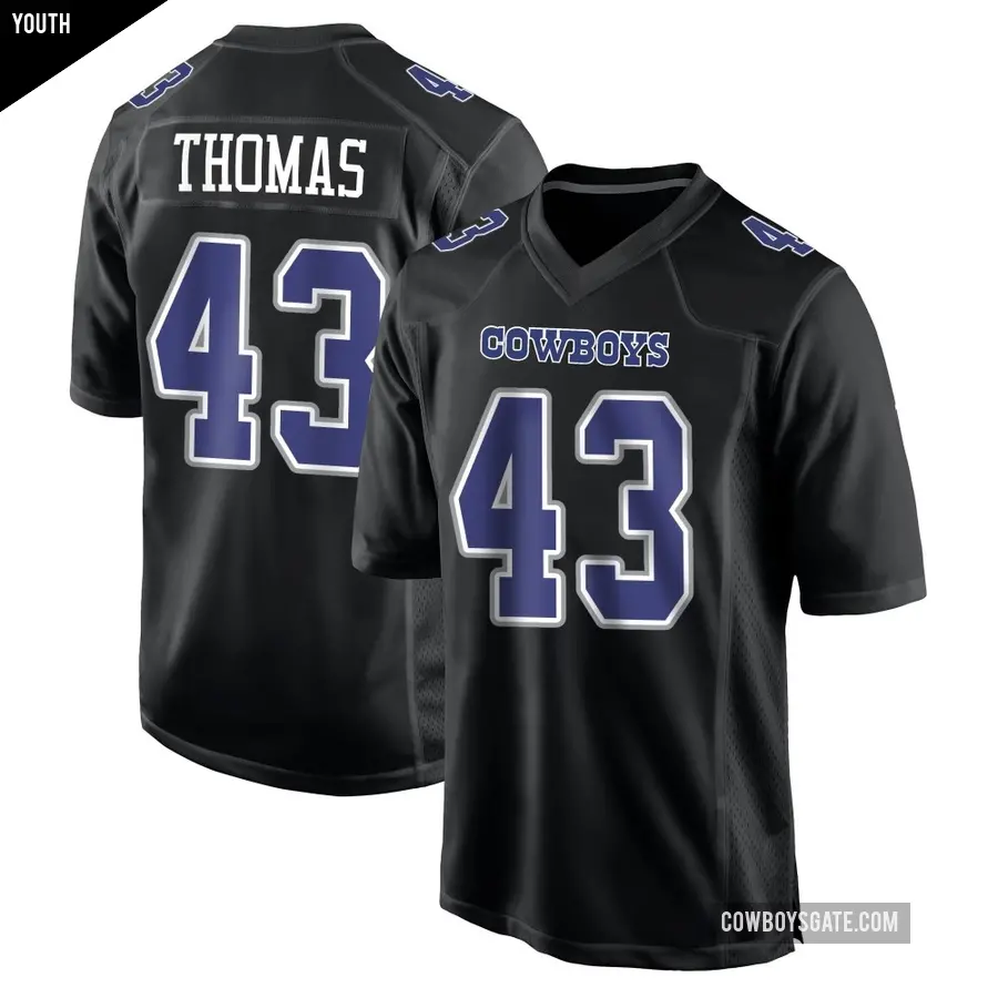 Youth Dallas Cowboys ＃43 Juanyeh Thomas Black Game Carbon Fashion Jersey