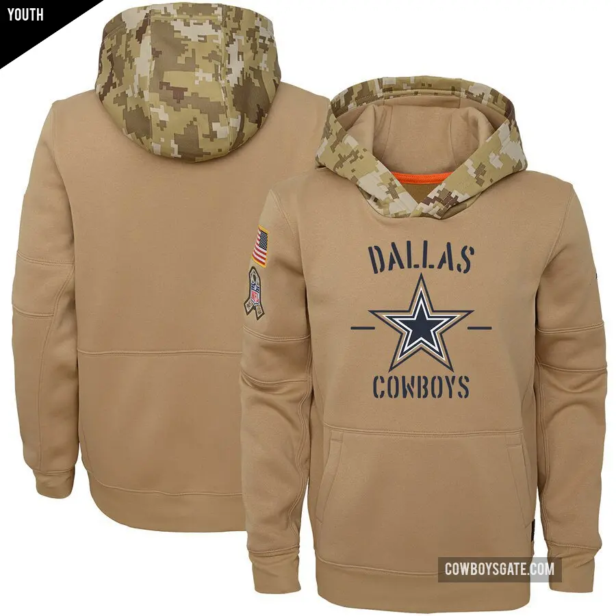 Youth Dallas Cowboys Khaki 2019 Salute to Service Therma Pullover Hoodie