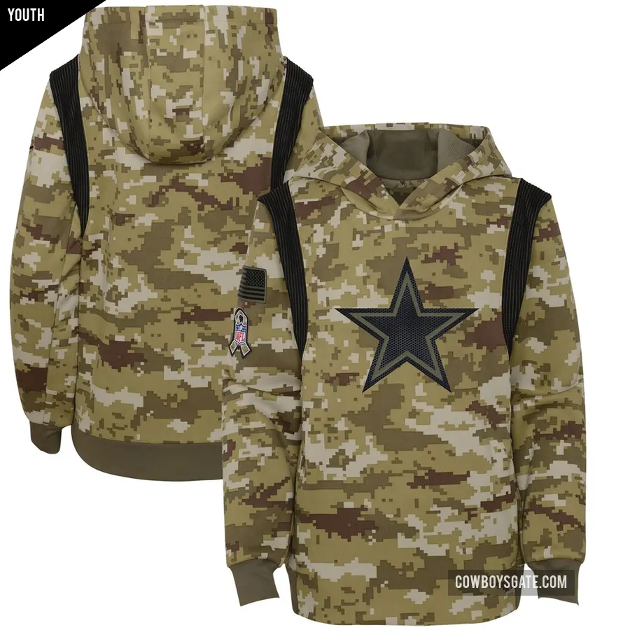 Youth Dallas Cowboys Olive 2021 Salute to Service Therma Performance Pullover Hoodie