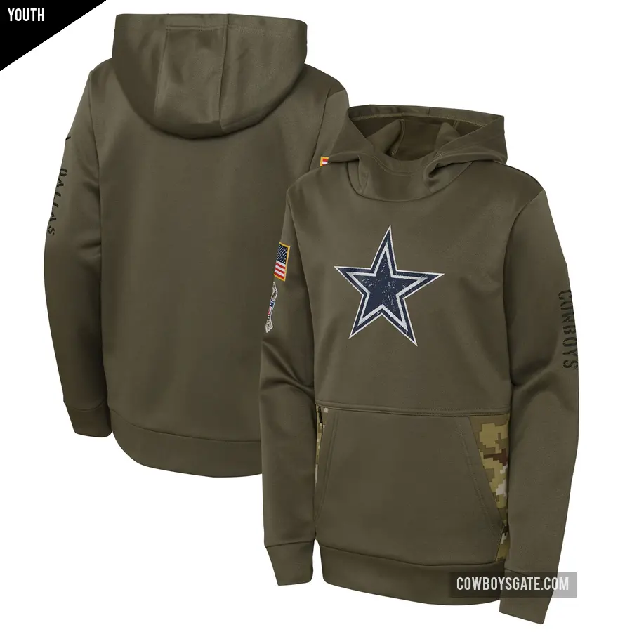 Youth Dallas Cowboys Olive 2022 Salute to Service Performance Pullover Hoodie