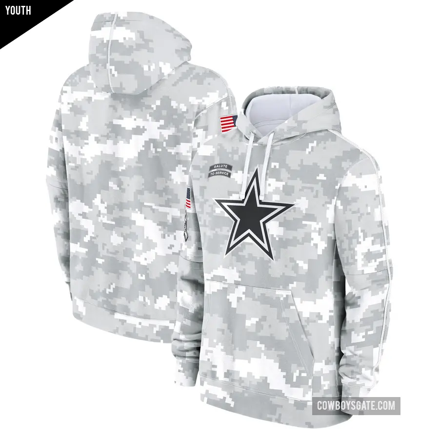 Youth Dallas Cowboys White/Gray 2024 Salute To Service Pullover Hoodie